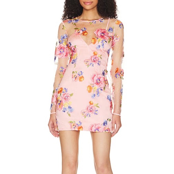 For Love & Lemons NWT Pink Percy Mini Sheer Dress with Appliqué Flowers Boho - Picture 2 of 14